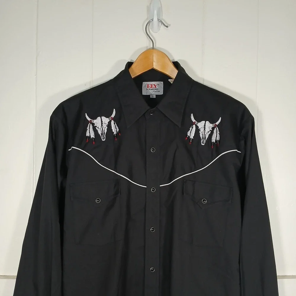 Ely Diamond Steer Skull Embroidered Pearl Snap Western Shirt Mens‎ Large Black